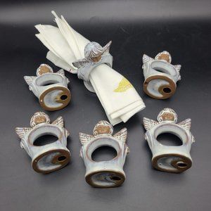 (6) Christmas Angel Napkin Rings Ceramic Holiday Dinnerware brown white glazed